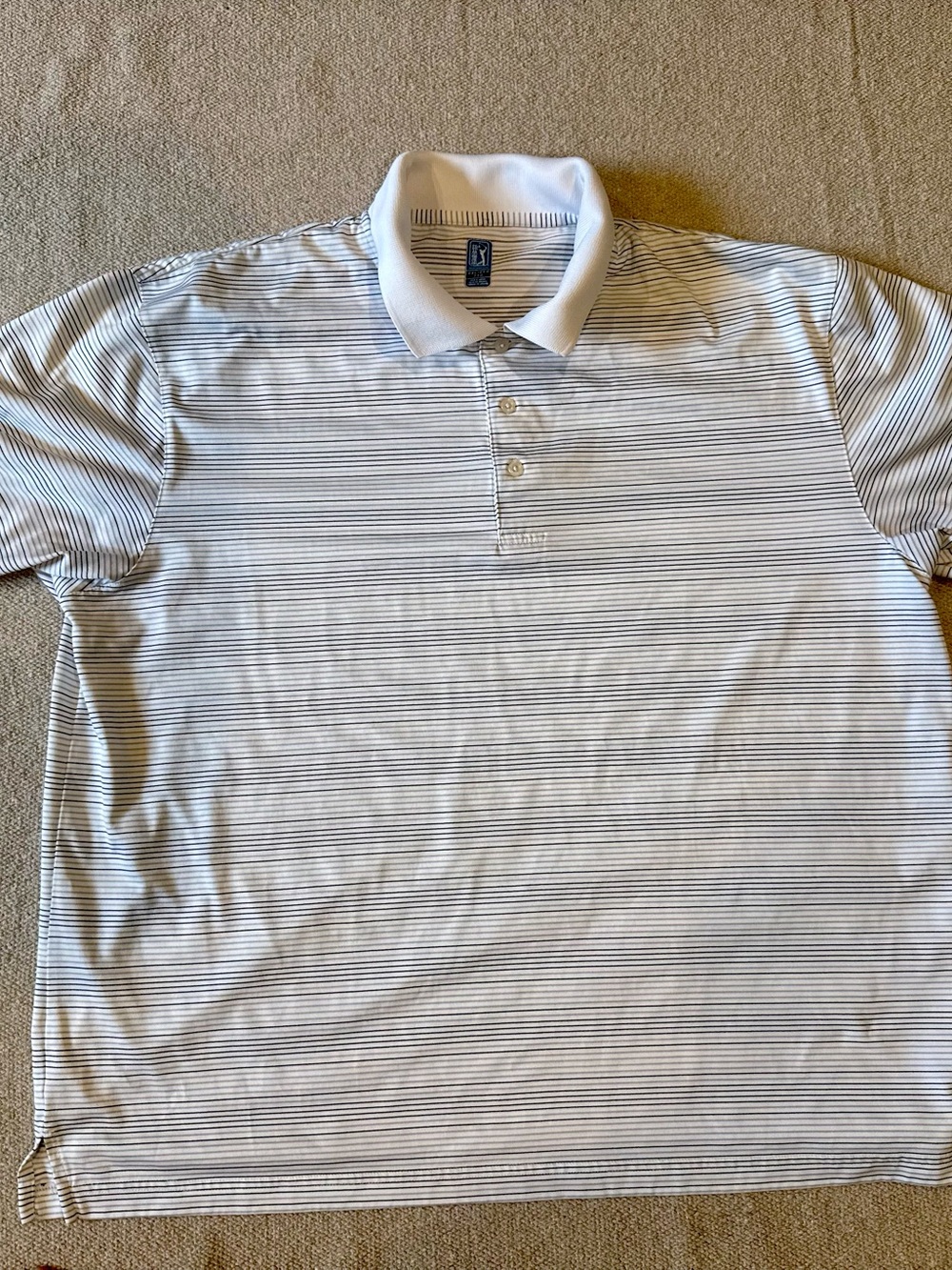 PGA Tour White Polo with Thin Navy Stripe